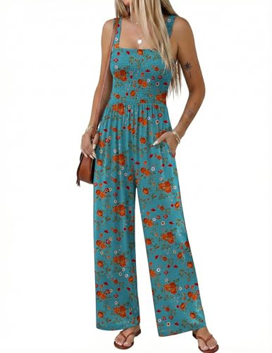 Ekouaer Women's Casual Loose Jumpsuits One Piece Sleeveless Overalls Printed Long Pant Romper Fashion Boho Jumper with Pocket Floral Blue Green L