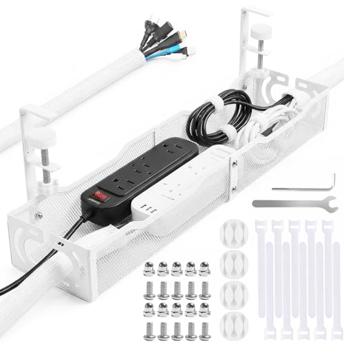 Image of WEWINK PLUS 25 Inch All-White Under Desk Cable Management Tray with 10ft Cable Sleeve, 64cm Long No Drill Metal Mesh Organiser, Clamp Mount with Ties, Ideal for Home Office, Standing Desk