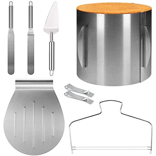 Boyun Torten ZubehöR Set Tortenring Verstellbar Backring aus Edelstahl - 15 cm Hoch, Tortenbodenteiler mit Gezacktem Schneidedraht, Tortenboden Schneidhilfe, Tortenheber Edelstahl, StüCktortenheber Cover