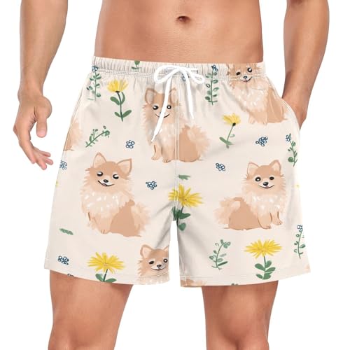Pomeranian Flower Men's Swim Trunks with Liner Quick Dry Beach Shorts Swimwear Bathing Suit S-XXL