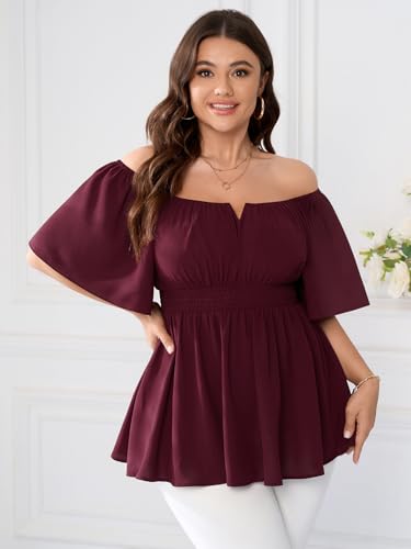 SCOMCHIC Womens Plus Size Peplum Tops Off The Shoulder Blouses Smocked Ruffle Babydoll Summer Top3