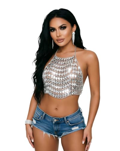 Image of AIBEARTY Women's Sexy Multi-Layer Metal Chain Crop Tops Hollow Out Halter Backless Tassel Camisoles for Rave Party Club