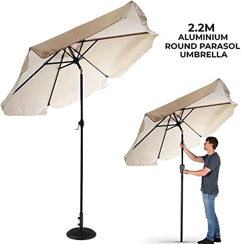 Janoon 2.2M Aluminium 6 Ribs Round Parasol Beach Home Umbrella Tilting, Crank & Flap, Outdoor Patio Beach Sun Shade By CRYSTALS® (Beige)