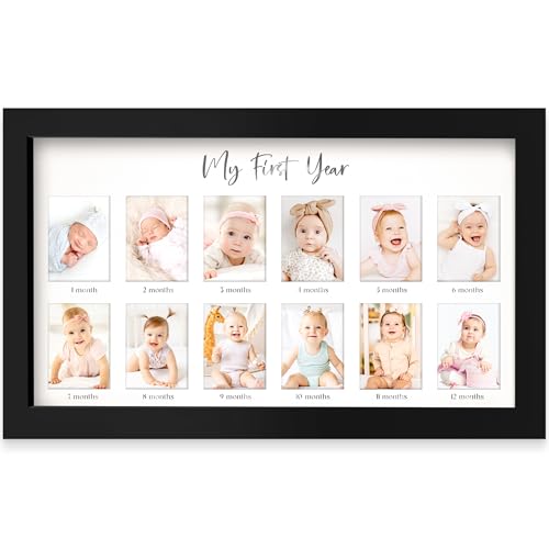 Image of My First Year Photo Frame,12 Months Baby Picture Frame for Newborn Girl, Boy-Baby Shower Gifts Keepsakes,Monthly Baby's One Year Birthday Milestone,1st Nursery Photo Collage Display Board (Onyx Black)