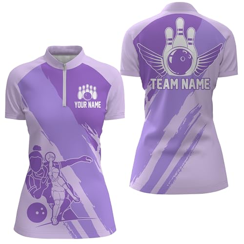 Custom Name Team Name Bowling Shirts for Women, Bowling Queen Team Jerseys, Bowling Girls Shirt | Purple Short Sleeve Multi-Size