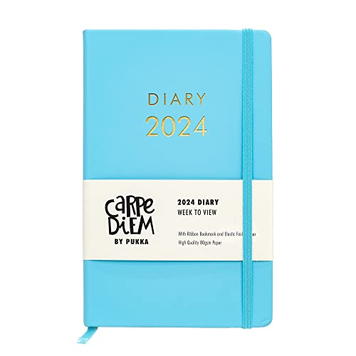 Pukka Pad, Carpe Diem 2024 Soft Cover Diary, 80GSM Paper with Monthly Calendar and Weekly Views, Includes Notes, Goals, To-Do and Wish Lists - Ribbon Bookmark, and Elasticated Closure – Blue