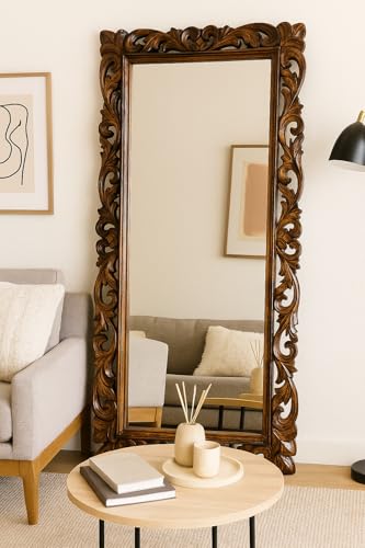 Vintage Full Length Floor Mirror with Ornate Carved Wood Frame, B...