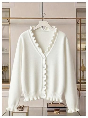 Image of Verdusa Women's Ruffle Trim V Neck Button Down Long Sleeve Knit Cardigan Sweater