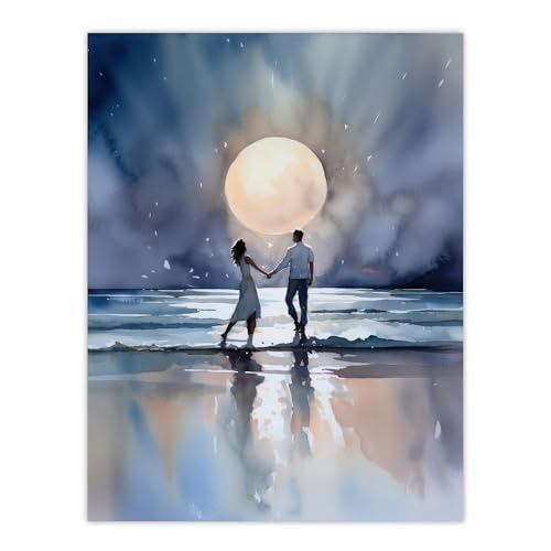 Artery8 You Me And The Full Moon Watercolour Painting Orange Blue Couple Dancing Under A Full Moon In A Serene Coastal Landscape Romantic Bedroom Art Unframed Wall Art Print Poster Home Decor Premium
