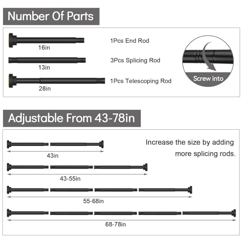 Thestoa Shower Curtain Rod Adjustable 43-78 inch, 1"Diameter Spring Tension Curtain Rod No Drill, Anti-Rust Non-Slip Shower Rod, Black Shower Curtain Rod for Bathroom Tension by Thestoa - Image 5