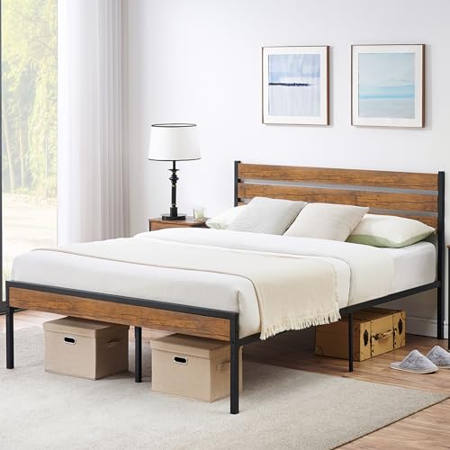 IDEALHOUSE Full Size Bed Frame with Rustic Vintage Wood Headboard, Mattress Foundation, Strong Metal Slats Platform Support, Under Bed Storage, Noise-Free, No Box Spring Needed - Image 4