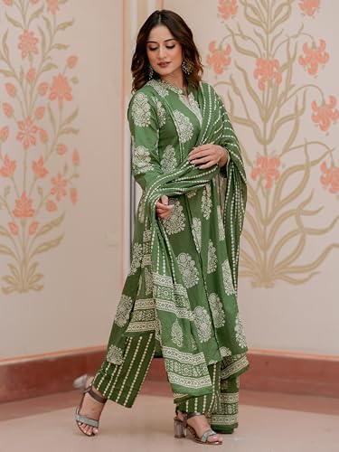Image of Arayna Women's 100% Pure Cotton Printed Kurta Pant with Dupatta Set | Straight Kurta with Handwork Detail & Ethnic Print