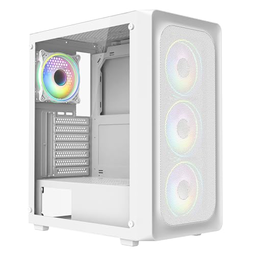 CiT Orion White Airflow Mid-Tower PC Gaming Case ATX with Front Mesh Front Panel & Tempered Glass Side Panel with 4 x CiT Tornado Infinity 120mm ARGB Dual-Ring Fans Included