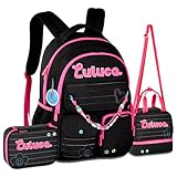 Kit Mochila Luluca Costas Preta Escolar Infantil Lancheira E Estojo Menina Linda Bordada Atoalhada