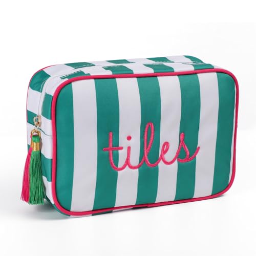 Mahjong Tile Bag - Green & White Striped Embroidered Case for 166 American Mahjong Tiles (1.2 Inches) | Festive Game Night Storage Pouch Gift for Mahjong Lovers (Case Only)