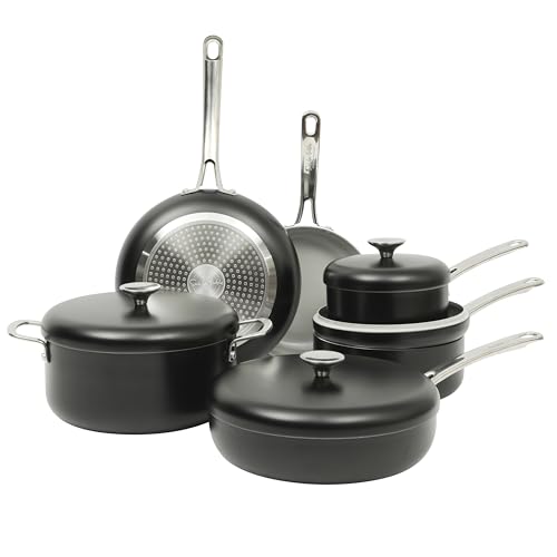 Sur La Table Kitchen Essentials Potluck Porch 10 Piece PFA Free Ceramic Non stick Interior Forged Aluminum Cookware Pots and Pans Set W/Aluminum Lids - Black - Induction Compatible by Sur La Table - Used condition - US$54.07