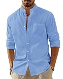 J.VER Linen Shirts Men Grandad Collar Long Sleeve Regular Fit Blue Shirt Lightweight Summer Beach Fashion Banded Collar Top M