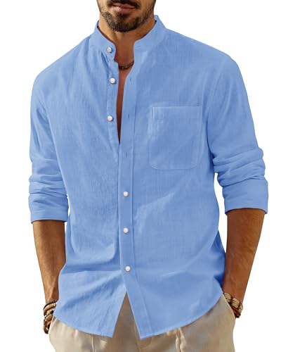 J.VER Linen Shirts Men Grandad Collar Long Sleeve Regular Fit Blue Shirt Lightweight Summer Beach Fashion Banded Collar Top M