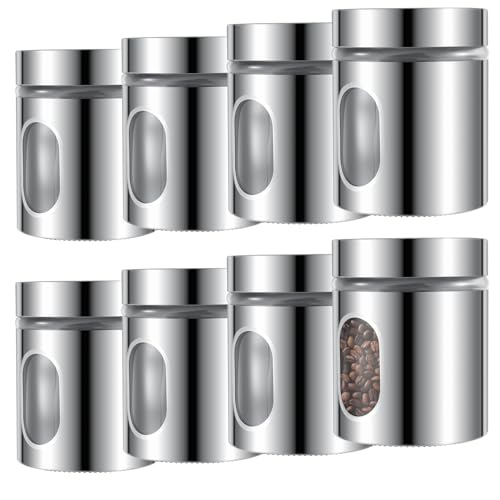 Image of 8 Pcs Stainless Steel Canister Set 20 Oz Food Storage Jars Stainless Steel Airtight Food Storage Canisters with Lids and CLear Window, Kitchen Canisters for Coffee Sugar Tea Candy Flour Spices