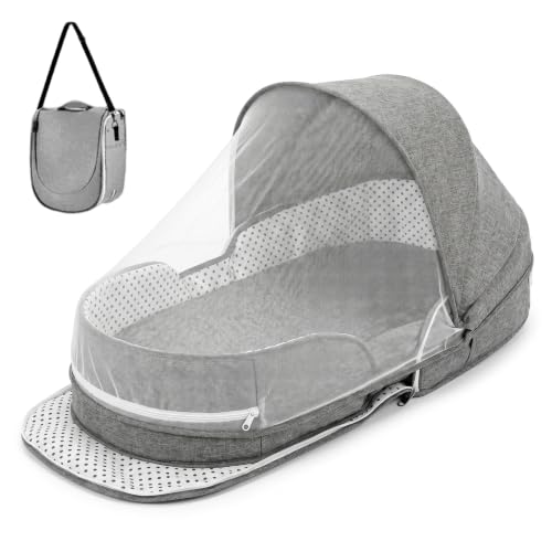 Image of Ameble Portable Foldable Travel Bassinet for Baby 0-6 Months, with Canopy & Mosquito Net, Lightweight Newborn Sleep Cot for Car, Camping, Home, Travel Essential, Gray