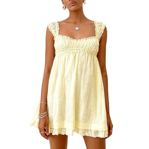 JeuaPho Womens Summer Babydoll Mini Dress Spaghetti Strap Sleeveless Party Short Y2k Swing Dresses A Line Sundress (Light Yellow S)