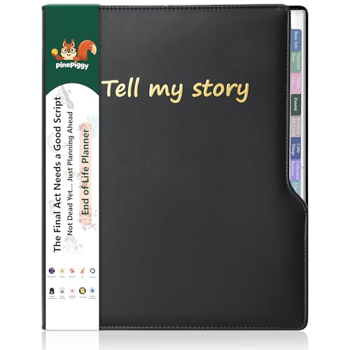PinePiggy End of Life Planner Organizer Binder, Peace of Mind Estate Planning Tell My Story Book - When I Die Binder for Important Info, Final Documents & Legacy Notes, Wishes, Funeral Planning, Black