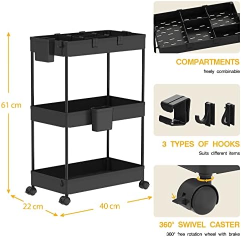 SPACEKEEPER Storage Trolley 3-Tier Rolling Utility Cart Slide Out Shelving Organization Shelf for Laundry Bathroom Kitchen with Small Containers & Hooks Black