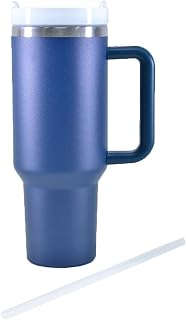 Kögler 13122-Taza térmica con Pajita y asa, 1200 ml, Aislante de Doble Pared de Acero Inoxidable y plástico, Taza de café Reutilizable en Azul Oscuro, Color Blue, 27 x 10 x 14,5 cm (13122)