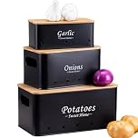 Simcat Kitchen Vegetable Storage Tins Set of 3, Potato Onion Garlic Kitchen Storage Canisters, Vegetable bin Keeper Containers with Aerating Holes and Wooden Lid (Black)