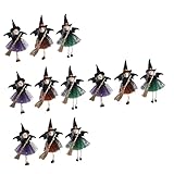 SEWACC 12 Pcs The Witch Mini Fairy Figurines Halloween Home Decor Plush Doll Dark Fairy Witch on Broom Flying Witch Decor Mini Fairyland Collection Delicate Witch Doll Witch Figurine