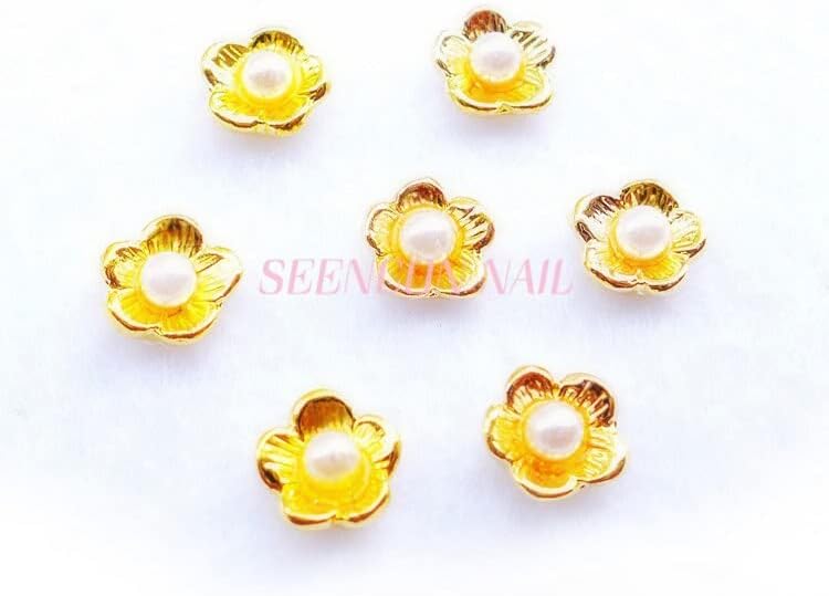 50pcs Japanese Nail Art 3D Pearl Alloy Flower Nail Art Charms Gold Nail Jewelry Decoration Nail Metal Parts