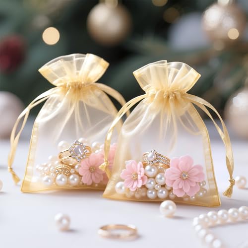 Image of Joycraft 50Pcs Organza Bags, 2.7 inchx3.5 inch Gift Favor Pouches, Gold Breathable Tulle With Drawstring, Sheer Mesh for Wedding, Jewelry, Makeup, Candy