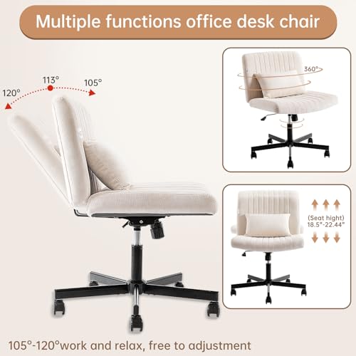 YFO Criss Cross Armless Home Office Chair with Replaceable Wheels/Fixed Base and Lumbar Support, Wide Seat Swivel Chair, Comfy Computer Chair, Beige by YFO - Image 5