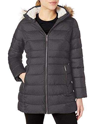 HFX Women's 3/4 Puffer with Faux Fur Hood and Cinched Sides, Graphite, Medium
