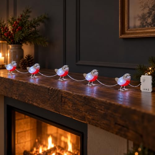 Image of Marco Paul 5 Pack LED Robins Christmas Decorations Battery Operated String Lights with Auto Timer Indoor & Outdoor Festive Xmas Bird Ornaments Novelty Seasonal Home Décor