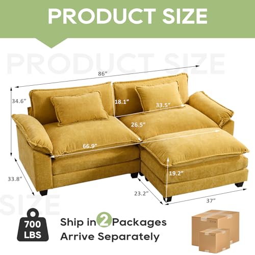 Image of Oprisen 86 inch Modular Sectional Sofa, Comfy Cloud Couch Sectional Sofa with Ottoman, Chenille Sofa Sleeper Deep Seat Sofa with Throw Pillows for Living Room (Yellow, 86 inch- L Shape)