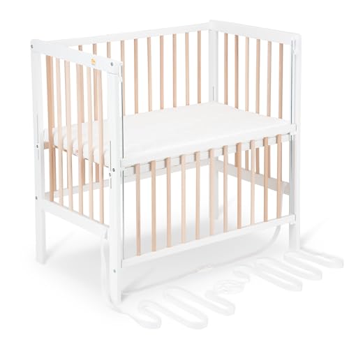 FabiMax Baby Beistellbett für Boxspringbett Flex Weiß/Natur, stufenlos höhenverstellbar, Buchenholz massiv, naturbelassen, inkl. Matratze Classic