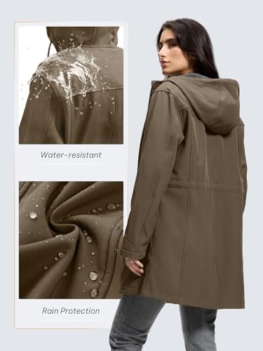 SaphiRose Women\'s Waterproof Rain Jacket with Fleece Lining Hooded Windbreaker Long Warm Outdoor Softshell Coat (Olive Green, M) - Thumbnail 3