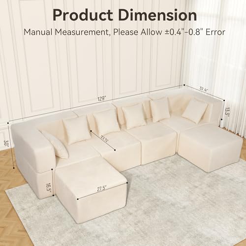 Image of MONVANE 130'' Modular Sectional Cloud Couch for Living Room, 6 Seater Convertible Chenille Couches Set with Ottoman & Pillow, No Assembly Compression Sofas, Comfy Floor Sofa with Memory Foam, Beige