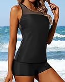 Yonique Tankini Swimsuits for Women with Shorts Athletic Two Piece Bathing Suits Racerback Tank Tops Swimwear Black S