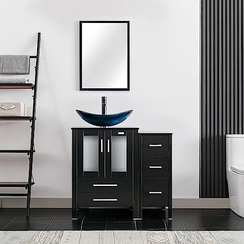 eclife 36\" Modern Bathroom Vanity Sink Combo Freestanding Cabinet with Small Side Cabinet, Blue Boat Glass Vessel Sink, Water Save Faucet, Drain (Black+A29BU)