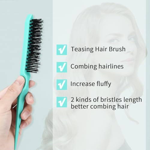 BRUSHZOO Hair Brush with Hair Styling Comb Set, Detangling Hair Brushes for Women Men Kids Curly Hair, HairBrush Set with Detangler Brush Teasing Hair Brush Rat Tail Comb Edge Brush (Green) - Thumbnail 5