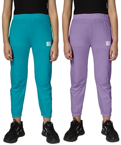 Image of KYDA KIDS Girls Mid Rise 100% Pure Cotton Track Pants | Regular Fit Elastic Waist Casual Wear | Soft Comfortable Kids Trousers (Pack of 2)