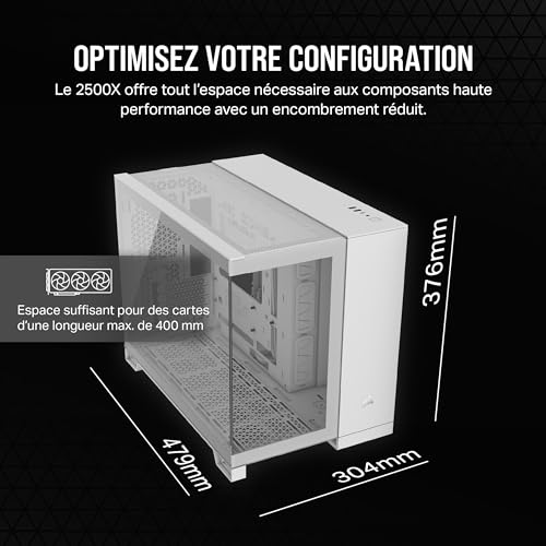 CORSAIR 2500X Boîtier Petit Tour mATX à Double Chambre – Verre Trempé Panoramique - Connexion Inversée Compatible Avec la Carte Mère – Pas de Ventilateurs Inclus – Blanc