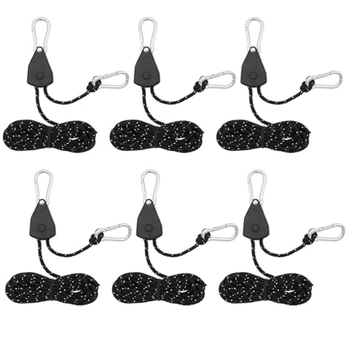 Kellegour 6 Pcs Reflektierend Abspannseile,Seil Ratsche Kleiderbügel Aufhänger,4mm Seil Ratsche mit Haken,Rope Seilratsche mit Haken,für Zelten,Ventilatoren,Pflanzenleuchten(Schwarz,13.12ft/4M)