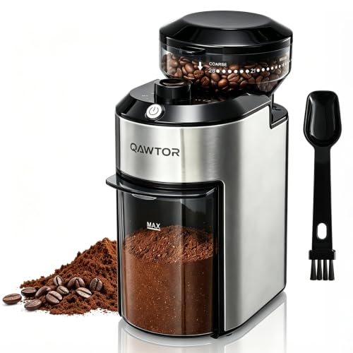 Qawtor Electric Burr Coffee Grinder with 28 Precise Grind Settings, 2-12 Cup Auto-Stop, Flat Burr Coffee Bean Grinder for French Press, Espresso & Drip Coffee, Professional Coffee Machine for Home Use