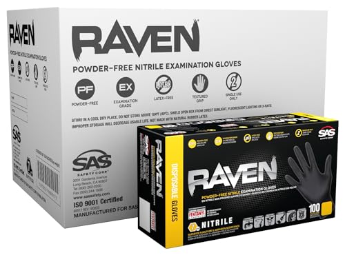 10 Pack SAS Safety 66519 Raven 6 mil Black Nitrile Disposable Gloves - X-Large (100 Gloves per Box)