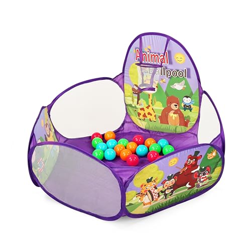 Image of BabyGo Kids Animal Basketball Ball Pool for Kids, Play Tent House for 2+ Year Old Girls and Boys, Ball Pit for Kids, Spacious, Lightweight, Portable & Easy to Set Up (Purple) (No Balls)