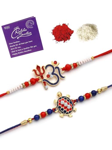 Image of Sukkhi Rakhi Trendy Floral Design Gold Plated AD Stones & Pearls Combo Rakhi for Brother with Roli Chawal & Greeting Card| Set of 2