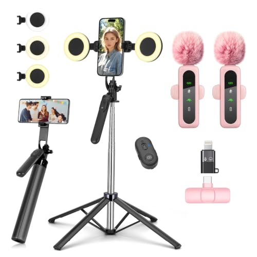 70inch Vlogging Kit,Metal Selfie Stick Tripod for iPhone with Light and Mic
